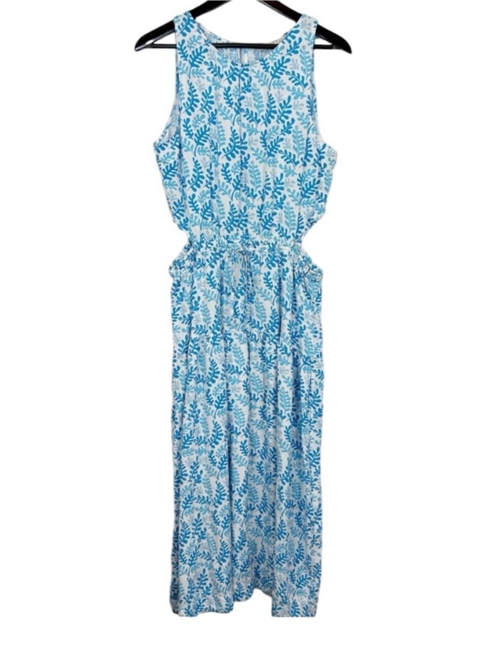 LOFT Sleeveless Blue Leaf-Print Maxi Dress Size Large
